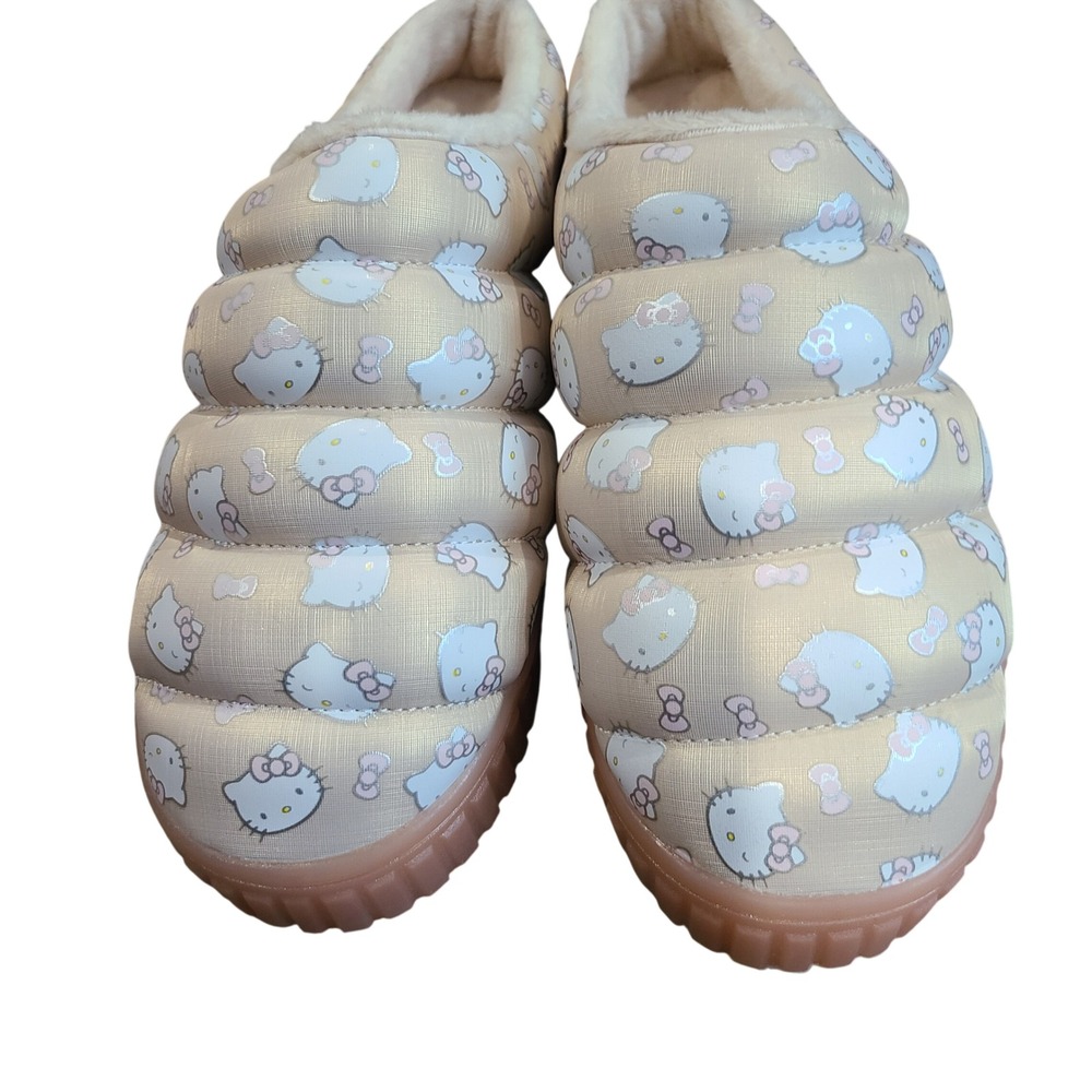 Hello Kitty Sanrio Puffer Slippers Pink Quilted Faux Fur Mules Size 10